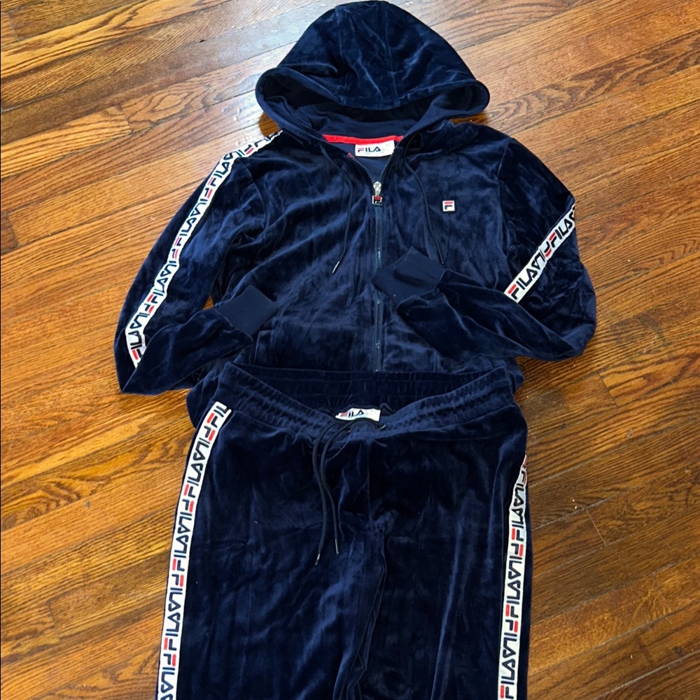 FILA Sz L UNISEX Dark Blue VELOUR and Red/White stripe detail Apparel - Picture 9 of 11
